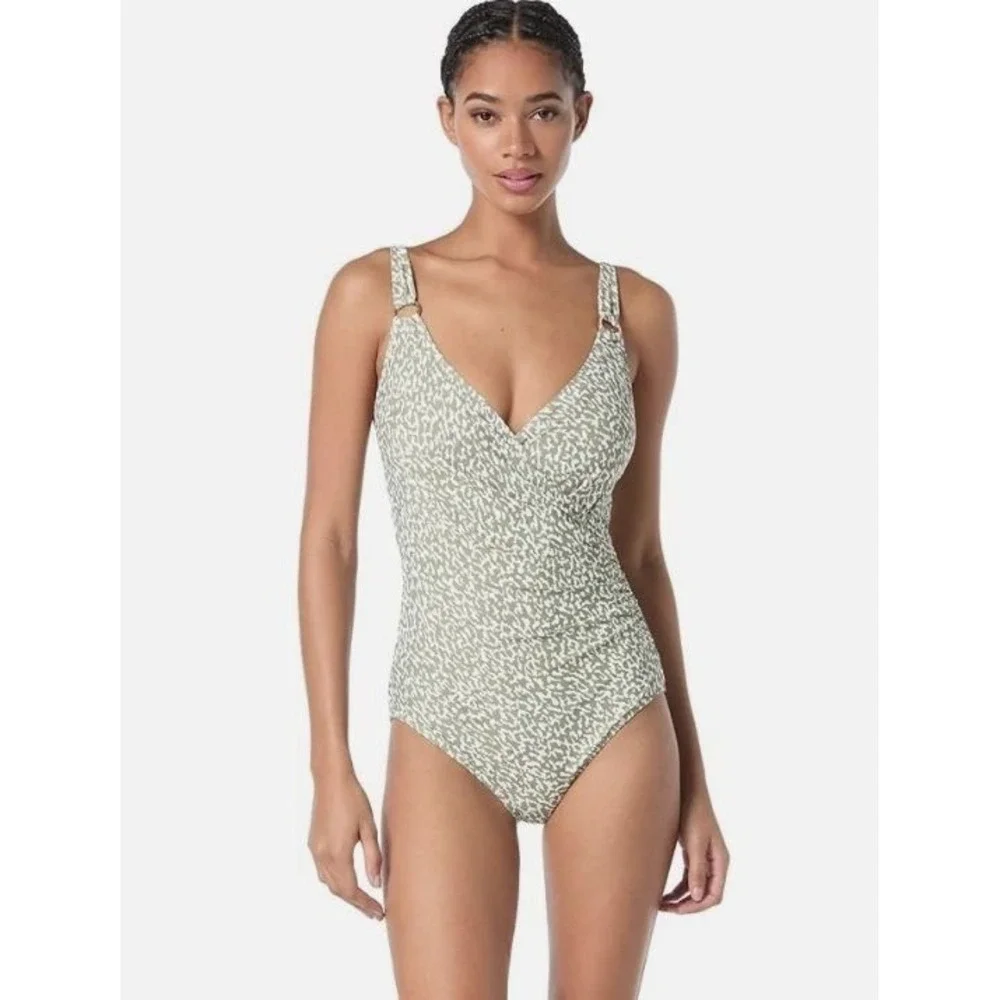 Michael Kors Hazy‎ Cheetah Surplice One-Piece Swimsuit in Safari Green Size 6